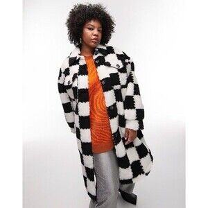 Topshop Teddy Borg Checker Longline Coat US12 Oversized  Faux Fur Black White